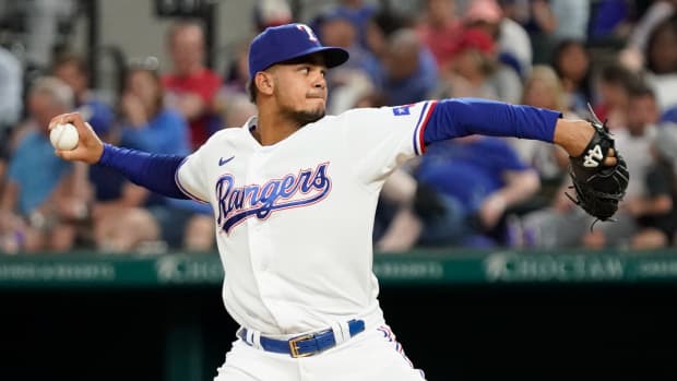Apr 29, 2022; Arlington, Texas, USA; Texas Rangers relief pitcher Albert Abreu (36) throws to the plate during the sixth inning against the Atlanta Braves at Globe Life Field. Mandatory Credit: Raymond Carlin III-USA TODAY Sports